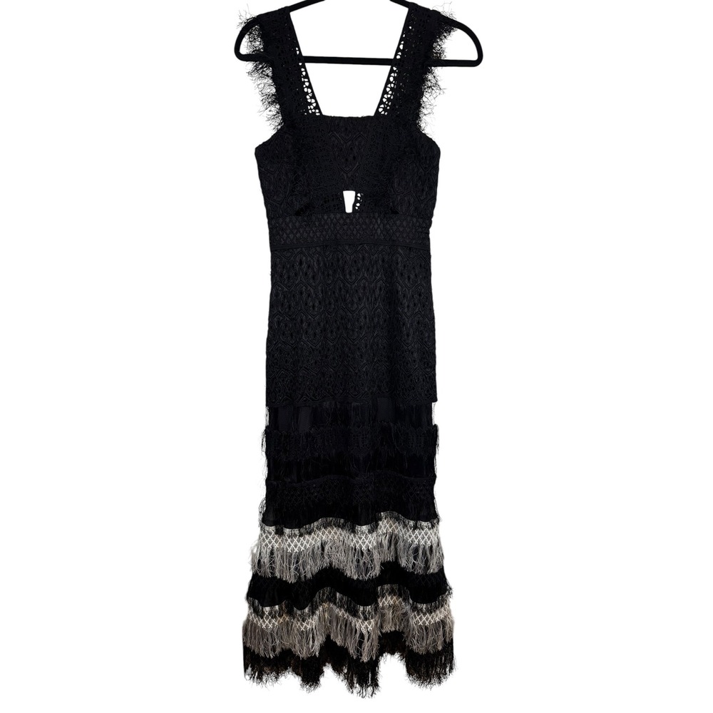 Black Lace Fringe Midi Dress Sleeveless Cutout Tiered Boho Cocktail Dress